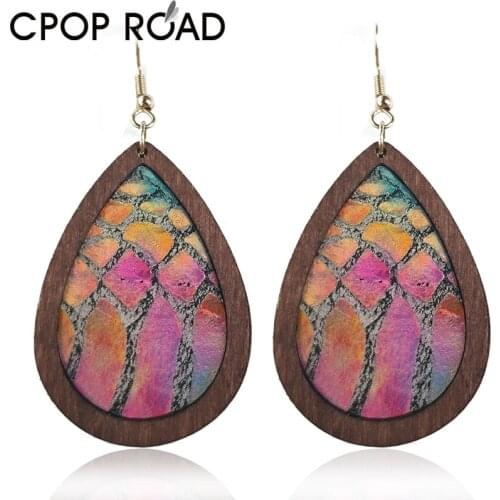 Snake Skin Zebra Genuine Cowhide Leather Earrings for Women Vintage Elegant Glitter Water Drop Wood Earring Jewelry Accessories