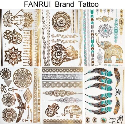 Henna Mandala Hamsa Gold Metallic Temporary Tattoo Stickers Ganesha Girl Indian Chains Flash Tattoo Women Leg Tatto Bracelet Arm