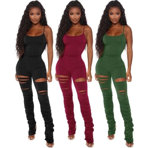 Women Solid Color Pleated Split Stitched Burnt Pattern Jumpsuit One Piece Micro Flared Pants Female Sleeveless Overalls