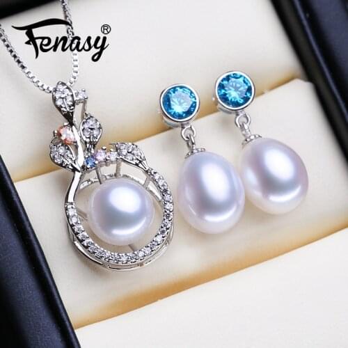 FENASY 925 Sterling Silver Jewelry Sets Natural Pearl Necklaces For Women Bohemian Sapphire Stud Earrings Flower Pendant