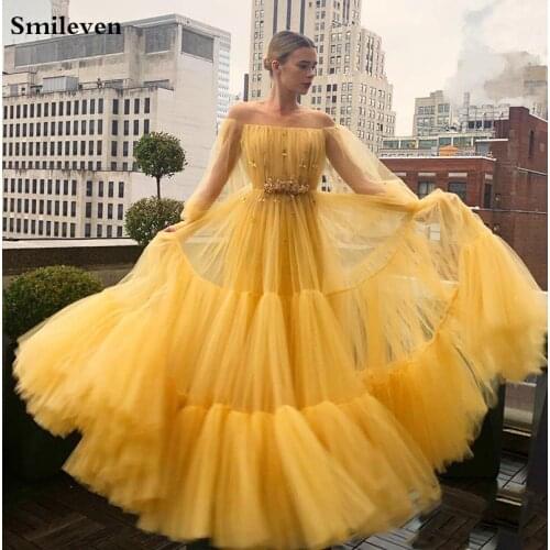 Smileven Yellow Off The Shoulder Prom Dresses Beaded Vestido De Festa Puff Sleeve Soft Tulle Formal Evening Party Gowns