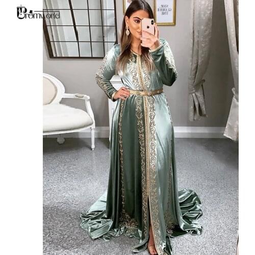 2020 Abiye Satin Moroccan Caftan Formal Dresses With Embroidery Lace A-Line Full Sleeves Evening Gowns for Women Formelle Robes