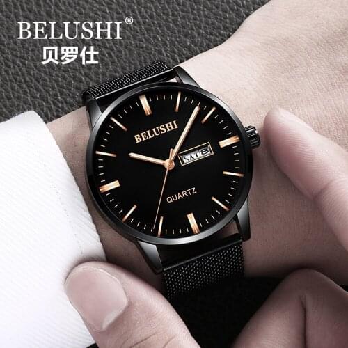 BELUSHI Top Brand Luxury Stainless Steel Mesh Strap Watch Men Montre Simple Business Watch Dual Calendar Wristwatch Reloj Hombre
