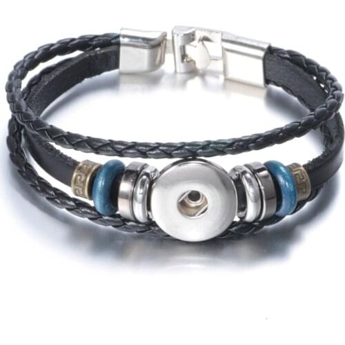 Snap Bracelet Black Color Leather Rope Bracelet Fit DIY 18mm Snap Button Jewelry SZ0057a