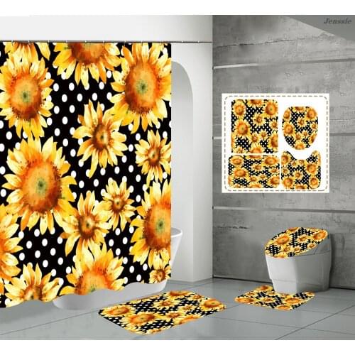3d Print Sunflower Black Shower Curtains Beautiful Flowers Toilet Cover Bath Mat Non-Slip Rug Set Bathroom Curtain with 12 Hooks
