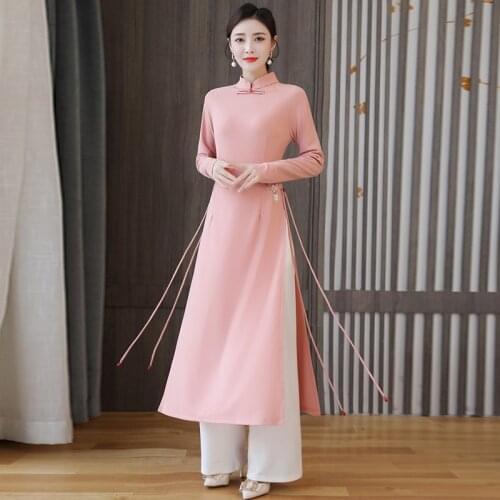 Elegant Retro Vietnam Ao Dai Cheongsam Women Two-piece Floral Print Dress Vintage Clothes Elegant Japnese Kimono Qipao V1970