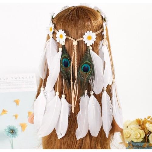 Sunflower Headband Women Hippie Headwear Bohomia Feather Rope Crown Headdres for girls Feather Headband White Hair Bands