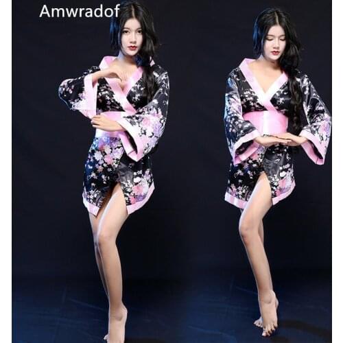 Women Japanese Sexy Flower Satin Kimono Robe Set Seductive Suit Girl Student Performance Bathrobe