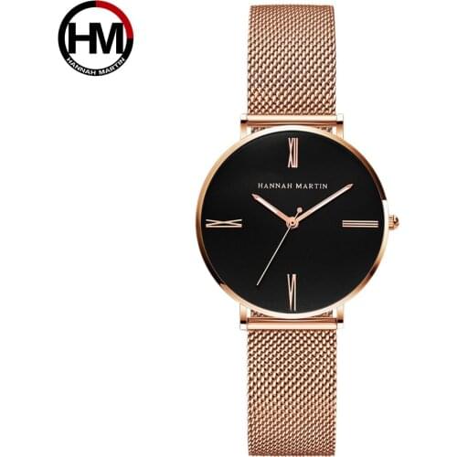 Hannah Martin Women Watch Ultra Thin Stainless Steel Mesh Rose Gold Watches Waterproof Ladies Watch Japan Quartz Movement