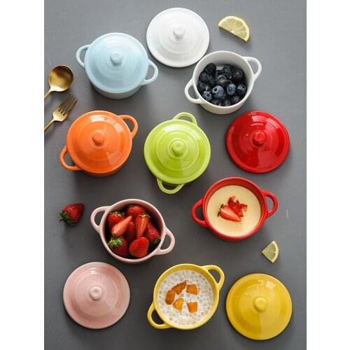 Nordic ceramics baking bowl with lid two-handle birds nest dessert bowl steamed egg stew soup cup home baking tableware