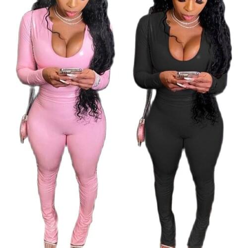 2021 Spring New Arrival Women Long Sleeve Stacked Joggers Ladies Leggings Tracksuit Leather Two Piece Pants Set