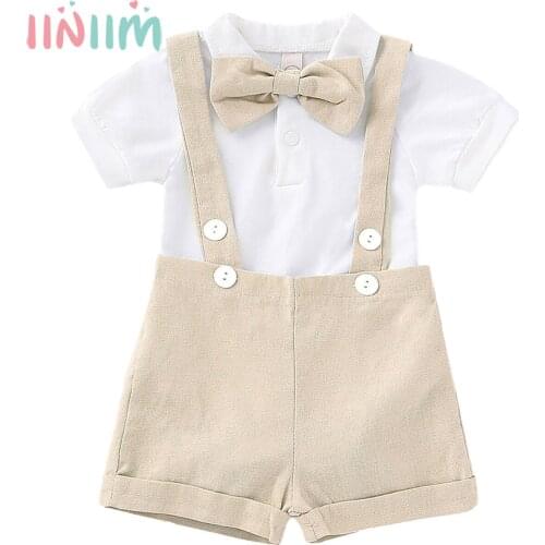 Summer Baby Boy Gentleman Outfit Formal Wedding Birthday Evening Party Suits Boys White Bow Tie Romper Suspender Pants 2pcs Sets