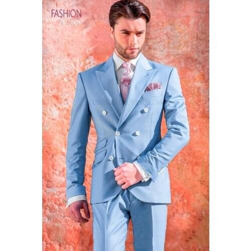 Fashionable Double Breasted Sky Blue Groom Tuxedos Peak Lapel Groomsmen Men Blazers Suits (Jacket+Pants+Tie) NO:364