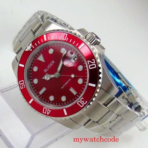 40mm Bliger NH35 MIYOTA 8215 Automaric Watch Men Red Dial Rotating Bezel Date Indicator Oyster Bracelet Sapphire Crystal