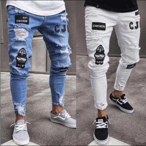 3 Styles Men Stretchy Ripped Skinny Biker Embroidery Print Jeans Destroyed Hole Taped Slim Fit Denim Scratched High Quality Jean