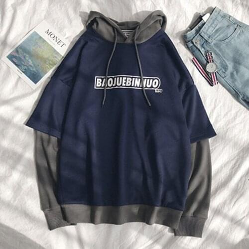 Retro Loose Style Letter Fake Two Piece Hoodie Couple Wear Fashion Casual Long Sleeve Hooded Sweatshirt Jacket