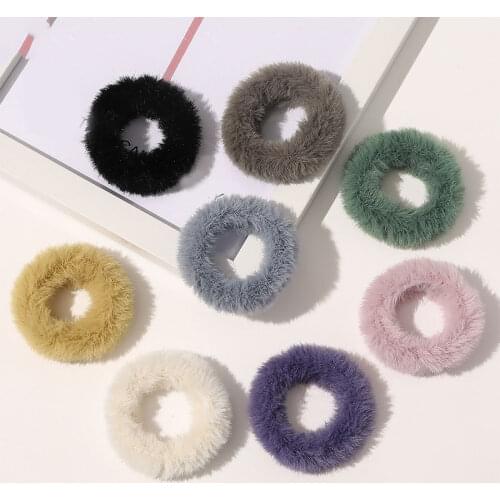 Fashion Fluffy Faux Fur Furry Scrunchie Elastic Hair Ring Rope Band Tie Round Girls Scrunchie Black Fluffy White Candy Color