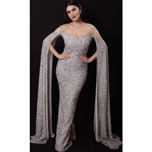 2020 Arabian Design O Neck Long Sleeve Beaded Heavily Luxury Formal Evening Dresses