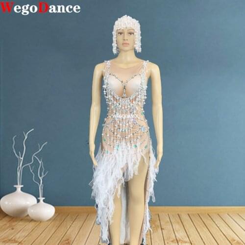 Sexy Women Fashion Nude Tassel Crystal Bodycon Dress Party Club High Slit Singer Rhinestone Stage Outfit