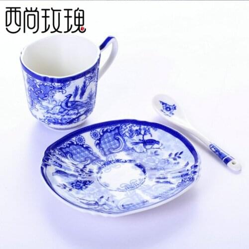 Blue and white porcelain glaze coffee cup creative gift bone china cup spoon coffee cup set business gift