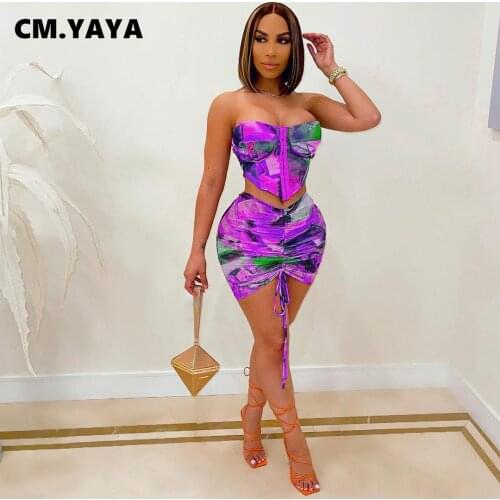 CM.YAYA Women Set Print Sleeveless Strapless Slim Crop Tops Shirring Mini Skirts Two 2 Piece Sets Sexy Fashion Outfit Summer