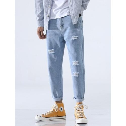 Light Blue Skinny Jeans Men Streetwear Destroyed Ripped Jeans Homme Hip Hop Broken Male Pencil Hole Denim Pants