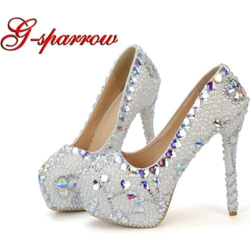 2018 Party Prom Pumps Beautiful Platforms Lady Court Shoes White Pearl with AB Heart Crystal Wedding Dress Shoes 14cm High Heels