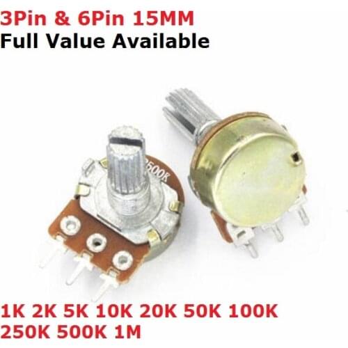 5PCS WH148 B 1K 2K 5K 10K 20K 50K 100K 250K 500K 1M 3Pin 6pin 15mm Shaft Amplifier Dual Stereo Potentiometer B1/2/5/10/50/100K