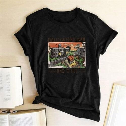 Halloweentown and Chill Print Funny Women T-shirt Short Sleeve Harajuku Shirt for Women 2021 Casual Halloween Tee Shirt Tops