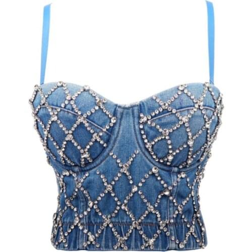 Jeans beaded chest tank tops shaping performance wear 2020 new summer short crop halter vest dance dress for women