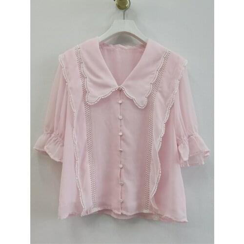 Summer Womens sweet peter pan Collar Ruffles Shorts sleeves Chiffon Shirts Top C347