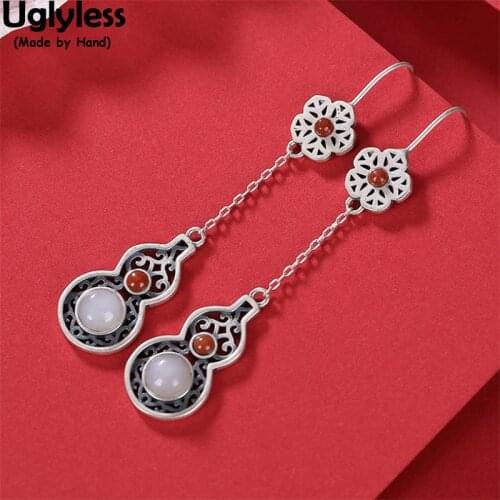 Uglyless Retro Thai Silver Ethnic Long Dangle Earrings Women Hollow 925 Silver Flowers Dress Jewelry Natural Jade Agate Brincos