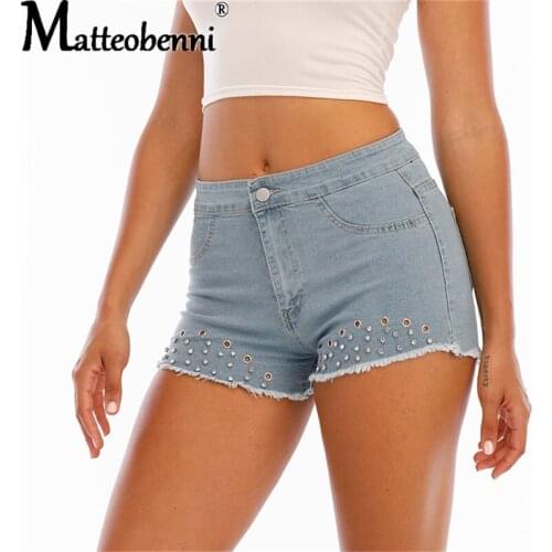 Women Denim Shorts 2021 Summer Fashion High Waist Slimming Diamond Beading Fringed Ripped Straight Pants Ladies Jeans Hot Pants