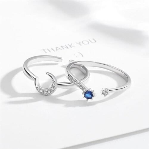 Sole Memory Crystal Moon Stars Sweet Romance Couple Gift 925 Sterling Silver Female Resizable Opening Rings SRI488