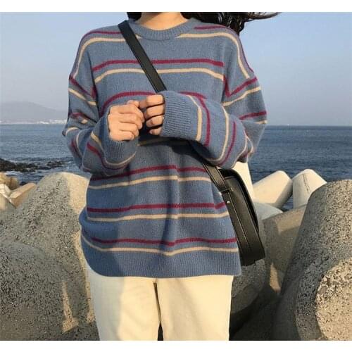 Women Sweater Pullovers 2021 New Autumn Winter Streetwear Stripes Casual Loose Couple Clothes Korean Top Ins 2021