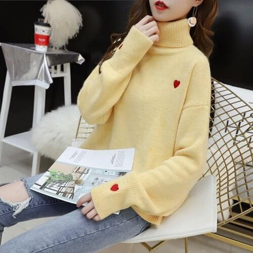 2020 Autumn Winter Heart Printing Turtleneck Knitted Sweater Woman Long Sleeve Thick Warm Pullover Female Oversize Casual Tops