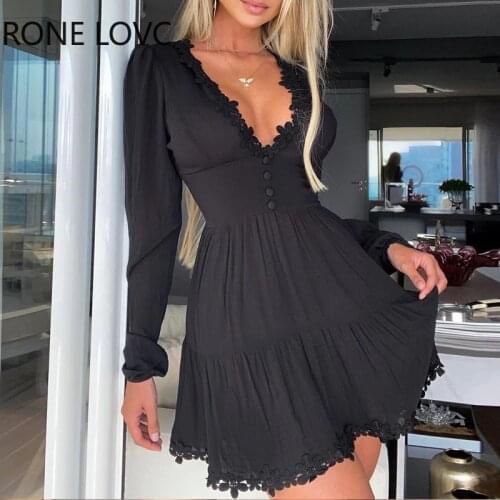 Women Long Sleeve Solid Lace Skinny Waist Dress Elegant Fashion Party Dress