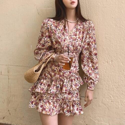 Vintage Print Floral Dress For Women V Neck Long Sleeve High Waist Hit Color Mini Dresses Females 2021 Fashion Clothing X208
