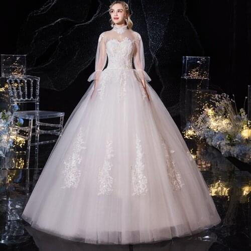 Vestido De Noiva 2020 Elegant High Neck Wedding Dress Lace Embroidery Wedding Ball Gown Three Quarter Flare Sleeve Bridal Gowns
