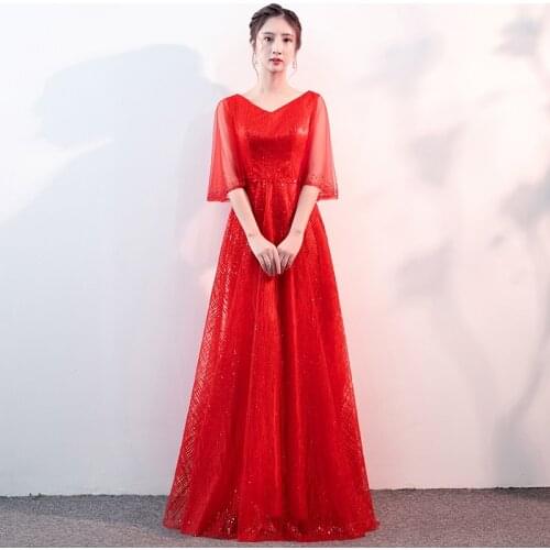 Sequins Half Sleeve Elegant Evening Dress Simple Zipper Back A-Line Red Pleat Empire Floor-Length Woman Formal Party Gowns A1323