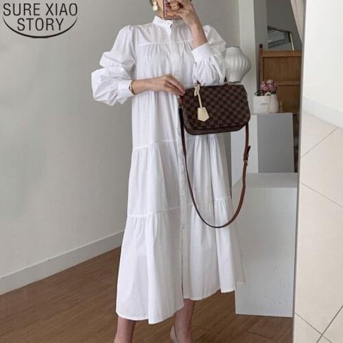 2021 New Stand Collar Long Sleeve White Dresses Long Shirt Dress Women Single-breasted Dress A-Line Korean Vintage Dresses 14390