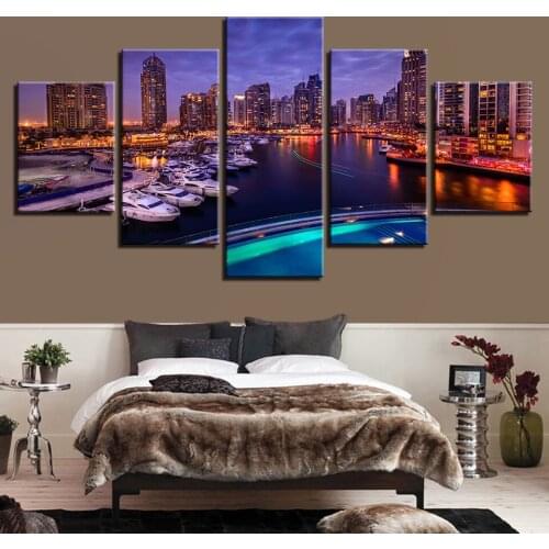 5 Pieces Seaside City Night View Poster Prints Boat Picture Canvas Paintings Wall Art Framework Home Decor Living Room