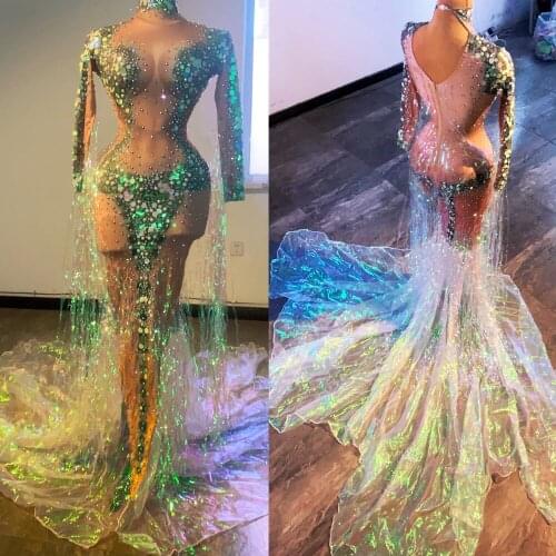 Sparkling Rhinestone Sequin Party Mermaid Long Dress Women Nude Color Tassel Evening Dress Prom Trailing Dress Singer Stage Wear
