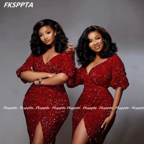 Shiny Burgundy Black Girls Prom Dresses With Slit Half Sleeves V Neck Sheath Sexy Long Wedding Guest Party Dress Maxi Prom Gown