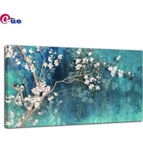 Large Abstract Blue Decorative Wall Art Navy Background White Flower 5d Diamond Painting Cross Stitch Diamond Embroidery