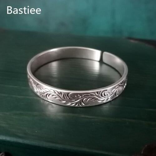 Bastiee Women 999 Silver Bangle bracelet femme argent Tang Dynasty Flower Hmong Handmade Luxury Jewellery Vintage Ethnic Jewelry