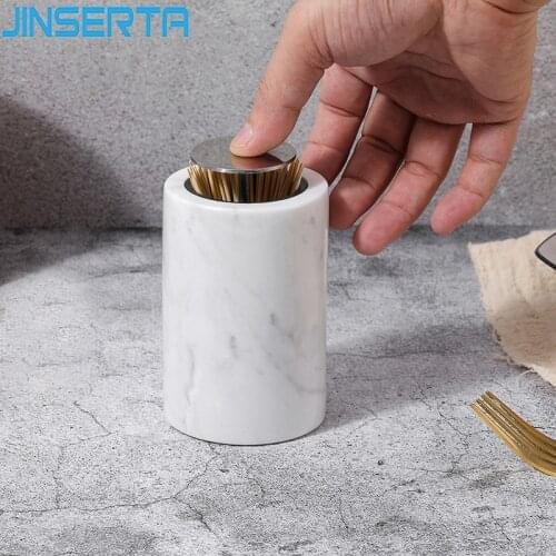 JINSERTA Natural Marble Push Toothpick Holder Luxury White Home Living Room Restaurant Hotel Toothpick Storage Decor Box
