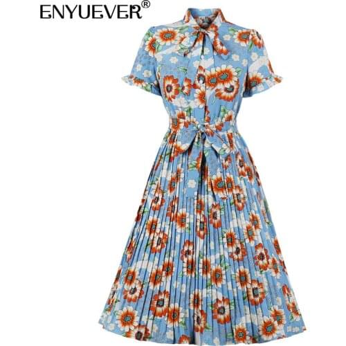 Enyuever Elegant Floral Print Women Dress 2021 Summer Casual Clothes Short Sleeve Bow Tie Neck Midi Retro Vintage Pleated Dress