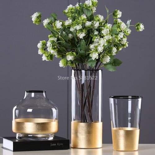 European Glass Flower Vase with Gold Foil Figurines Living Room Decor Gold Tabletop Vase Crafts Household Ornament Wedding Gifts