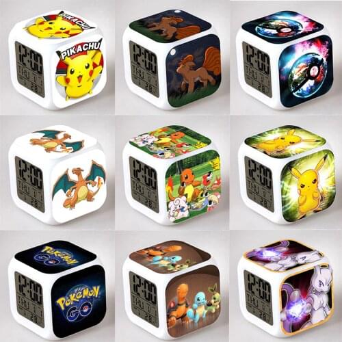 Pokemon Figure Ash Ketchum Pikachu Mewtwo Charmander LED Clock Alarm Colorful Light Desk Watch Pokemon Figurine Toys for Kids